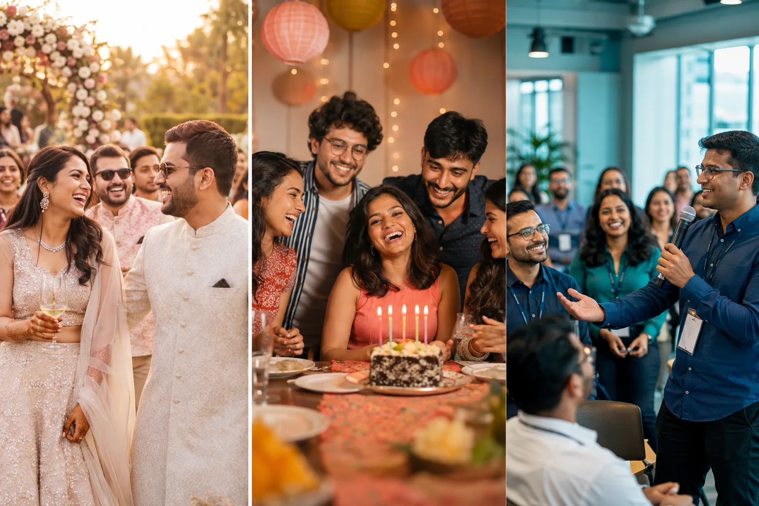 Illustrative wedding celebration with a couple and friends in a garden.